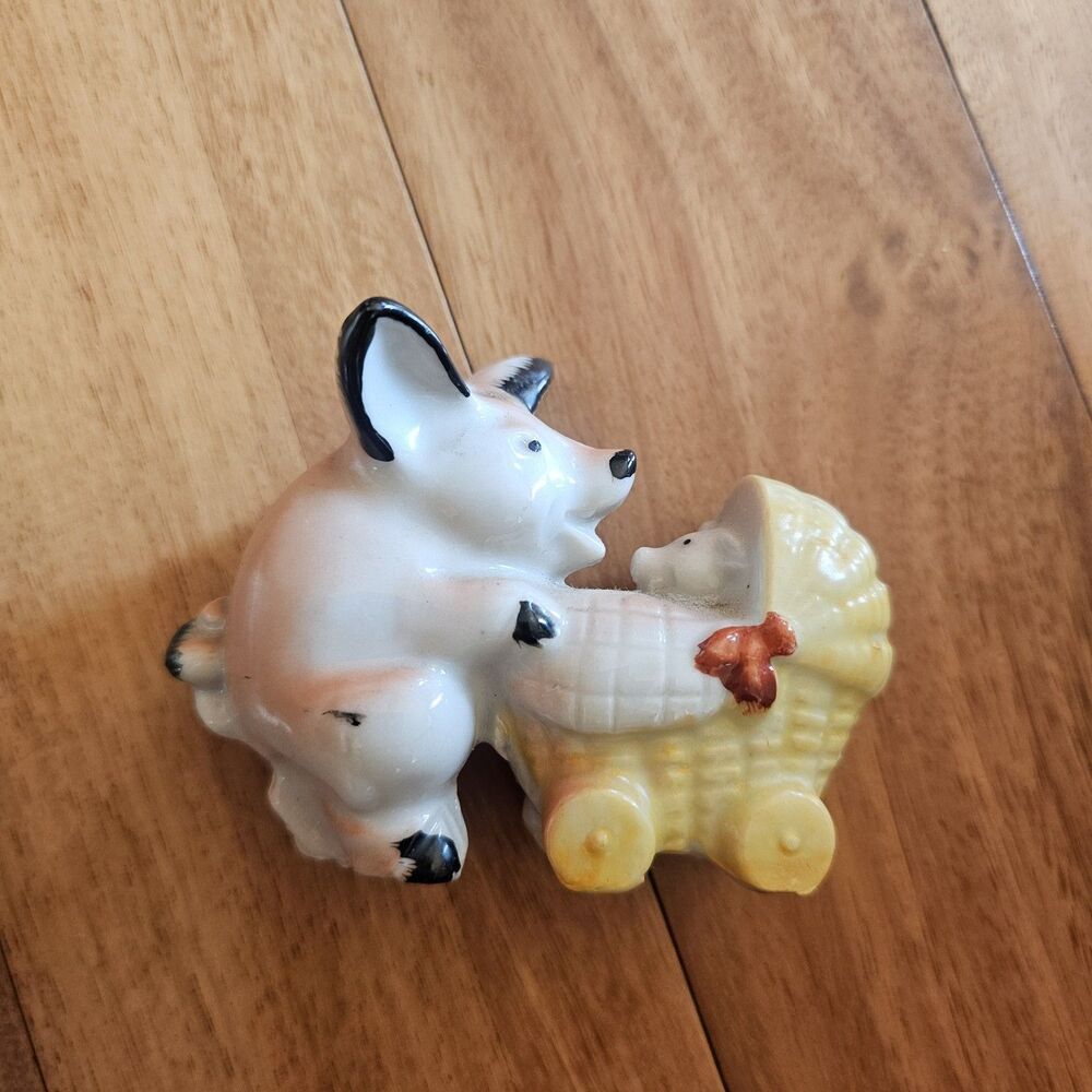 Japanese Figurine Mamma Pig Wheeling Baby Pig in Pram